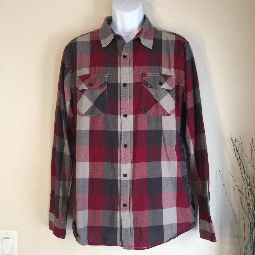 Quiksilver Plaid Button Down Shirt Large Red Gray Cotton